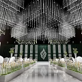 Elegant Banquet Hall Interior With Crystal Chandeliers Green Backdrop White Chairs And Flower Arrangements