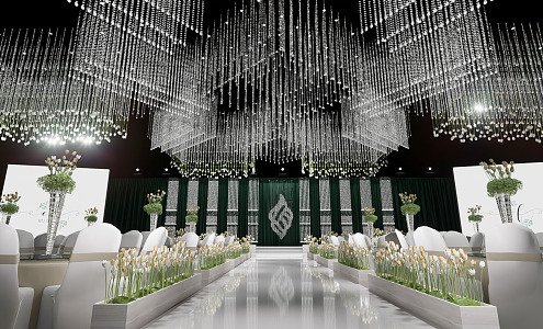 Modern wedding scene white green crystal hall 3d model