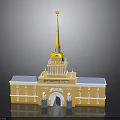 Yellow Historic Building With Golden Spire Clock Tower Arched Entrance And Columns