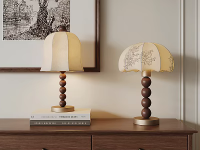Two Wooden Spherical Base Table Lamps With Patterned Fabric Shades On Wooden Cabinet 3d model