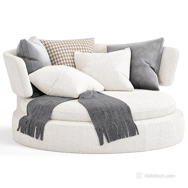 Light Beige Curved Single Sofa With Plush Pillows Patterned Cushion And Grey Throw Blanket 3d model 
