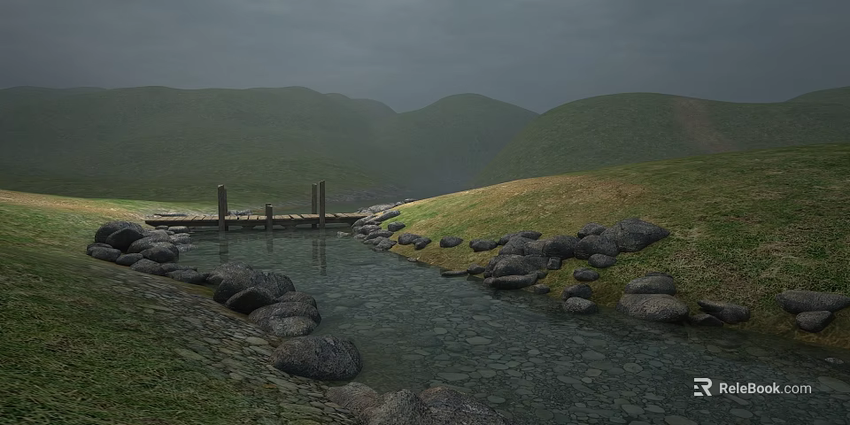 Scenic Natural Stream With Rocks Grass And Wooden Bridge Near Rolling Hills 3d model 