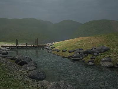 Scenic Natural Stream With Rocks Grass And Wooden Bridge Near Rolling Hills 3d model