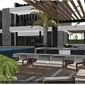 Modern Detached Villa with Outdoor Terrace Swimming Pool White Sofas Wooden Deck and Palm Trees