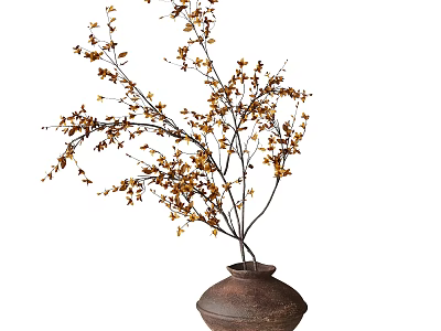 Rustic Terracotta Vase with Brown and Yellow Leafy Branches for Home Decor 3d model