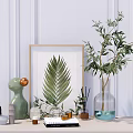 Stylish Decorative Accessories Set with Framed Leaf Art Glass Vase Green Plants Sculpture Aromatic Bottles