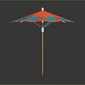 Decorative Orange Umbrella With Blue Red Floral Patterns And Wooden Handle
