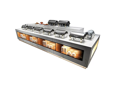 Elegant Buffet Station With Multiple Chafing Warmers And Glass Tableware 3d model