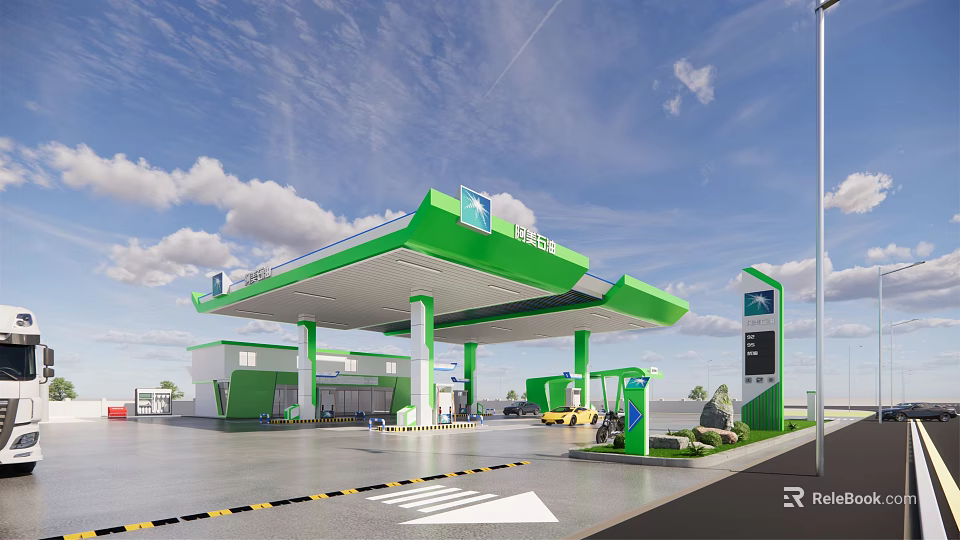 Modern Gas Station Exterior With Green White Canopy Fuel Pumps And Blue Sky 3d model 