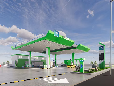 Modern Gas Station Exterior With Green White Canopy Fuel Pumps And Blue Sky 3d model