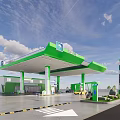 Modern Gas Station Exterior With Green White Canopy Fuel Pumps And Blue Sky