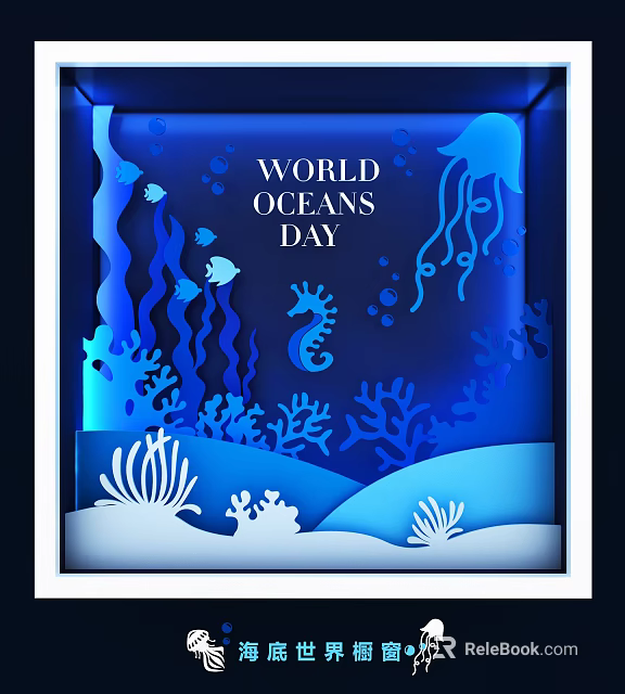 World Oceans Day Ocean Theme Window Display with Seahorse Jellyfish Coral Fish and Blue Tones 3d model 