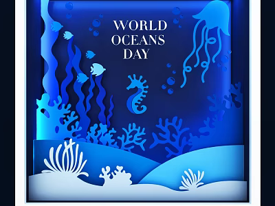 World Oceans Day Ocean Theme Window Display with Seahorse Jellyfish Coral Fish and Blue Tones 3d model