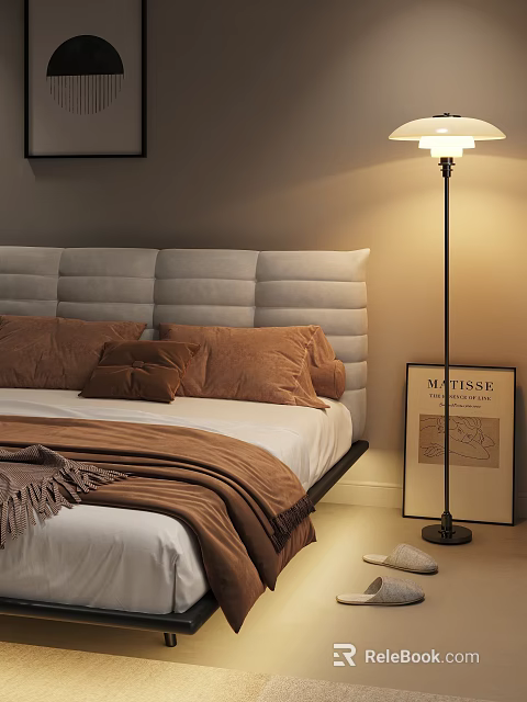 Double Bed with Gray Tufted Headboard Brown Pillows Cozy Blanket Floor Lamp and Matisse Print 3d model 