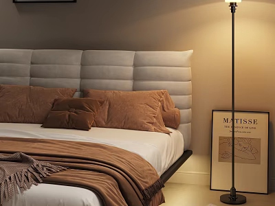 Double Bed with Gray Tufted Headboard Brown Pillows Cozy Blanket Floor Lamp and Matisse Print 3d model