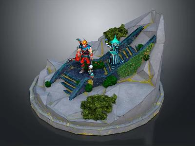 3D Rocky Terrain Scene With Stairs Character Green Plants Blue Structure And Round Base 3d model