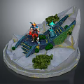 3D Rocky Terrain Scene With Stairs Character Green Plants Blue Structure And Round Base
