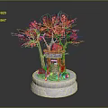 Miniature Garden Ornament Featuring Red Trees Small Pavilion And White Base Decoration