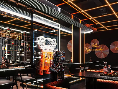 Modern Bar Interior With Neon Lights Liquor Shelves And Robot Bartender 3d model