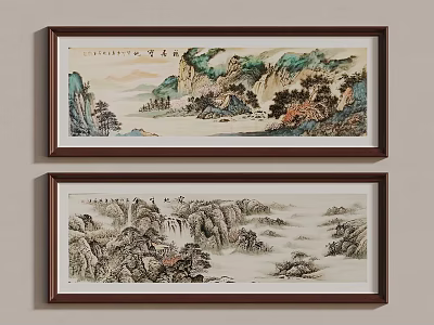 Two Traditional Chinese Landscape Paintings In Brown Frames For Interior Wall Decor 3d model