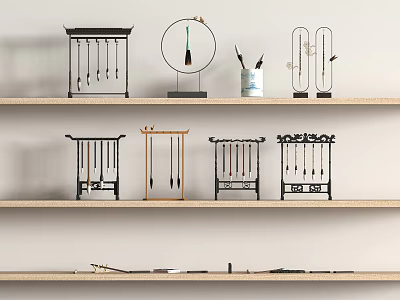 Chinese Style Decorative Items On Wooden Shelves With Lanterns Screens And Brushes 3d model