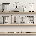 Chinese Style Decorative Items On Wooden Shelves With Lanterns Screens And Brushes