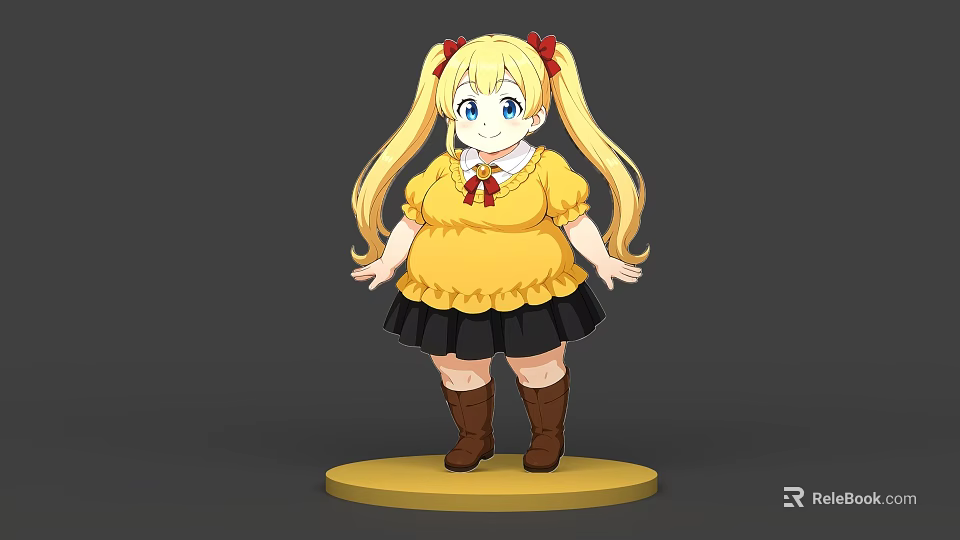 Cartoon Woman In Yellow Top Black Skirt With Blonde Pigtails Blue Eyes And Brown Boots 3d model 