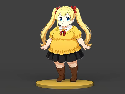 Cartoon Woman In Yellow Top Black Skirt With Blonde Pigtails Blue Eyes And Brown Boots 3d model