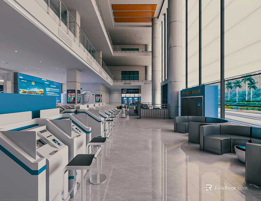 Spacious Modern Service Hall Interior Featuring Self Service Kiosks Benches Blue Walls And Glass Windows 3d model 