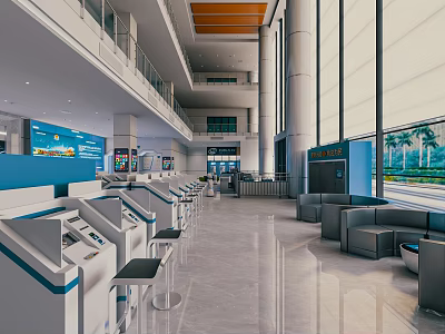Spacious Modern Service Hall Interior Featuring Self Service Kiosks Benches Blue Walls And Glass Windows 3d model