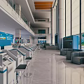 Spacious Modern Service Hall Interior Featuring Self Service Kiosks Benches Blue Walls And Glass Windows