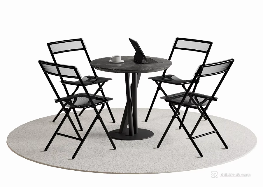Folding Black Frame Table and Chair Set with Round Tabletop and Mesh Design 3d model