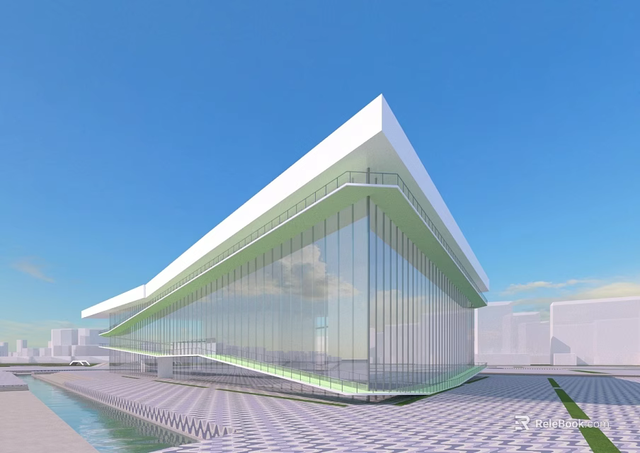 Modern Glass Facade Library Building Featuring Sloped Roof And Waterfront Plaza 3d model 