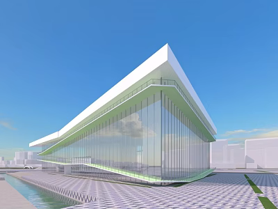 Modern Glass Facade Library Building Featuring Sloped Roof And Waterfront Plaza 3d model