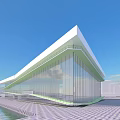 Modern Glass Facade Library Building Featuring Sloped Roof And Waterfront Plaza