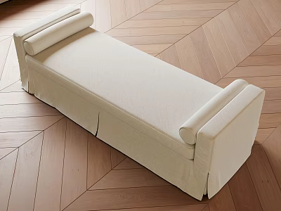 Beige Upholstered Sofa Bench With Cylindrical Armrests On Herringbone Wooden Floor 3d model
