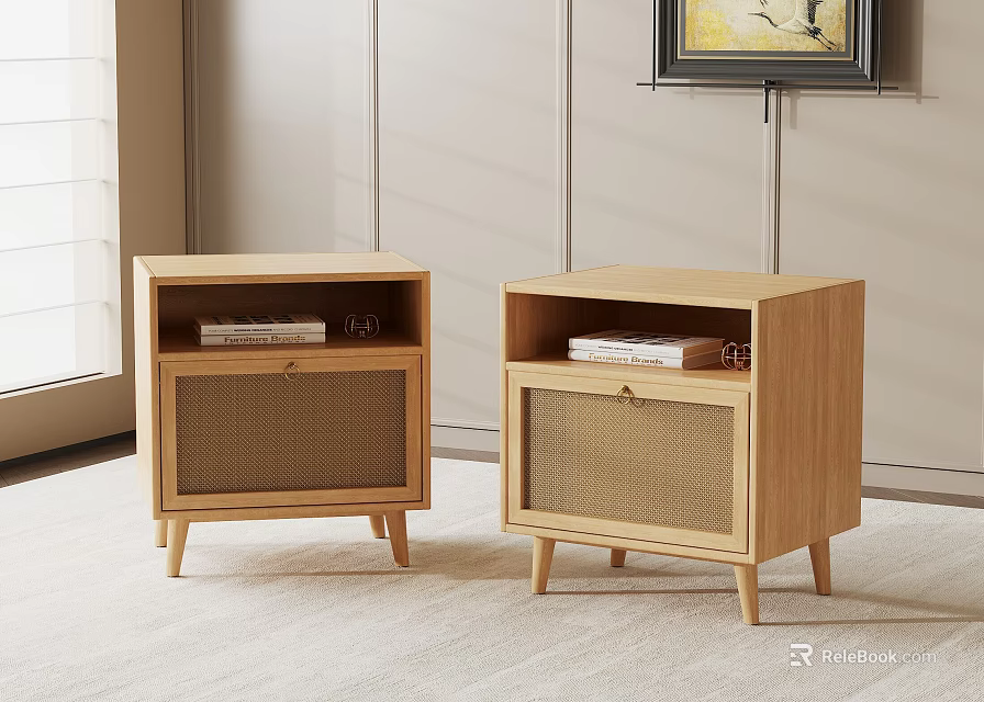 Two Modern Wooden Bedside Tables With Rattan Doors And Books On Top 3d model 