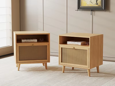 Two Modern Wooden Bedside Tables With Rattan Doors And Books On Top 3d model