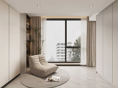 Cozy Home Balcony Design With Beige Lounge Chair Round Rug Potted Plant And Window View 3d model