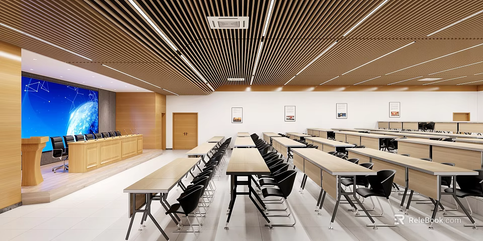 School Modern Classroom Interior With Long Tables Black Chairs Large Screen And Wooden Ceiling Slats 3d model 