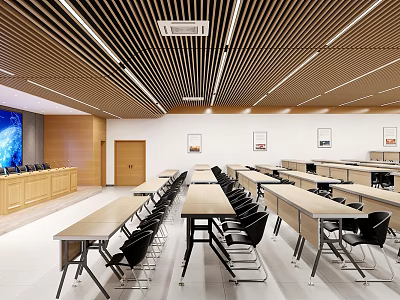 School Modern Classroom Interior With Long Tables Black Chairs Large Screen And Wooden Ceiling Slats 3d model