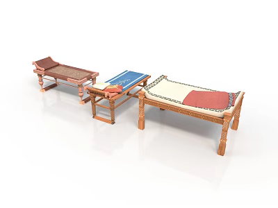 Wooden Benches With Colorful Cushions And Carved Legs For Home Furniture 3d model