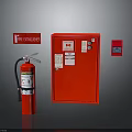 Red Fire Safety Equipment Setup With Extinguisher Cabinet Signs And Control Panel