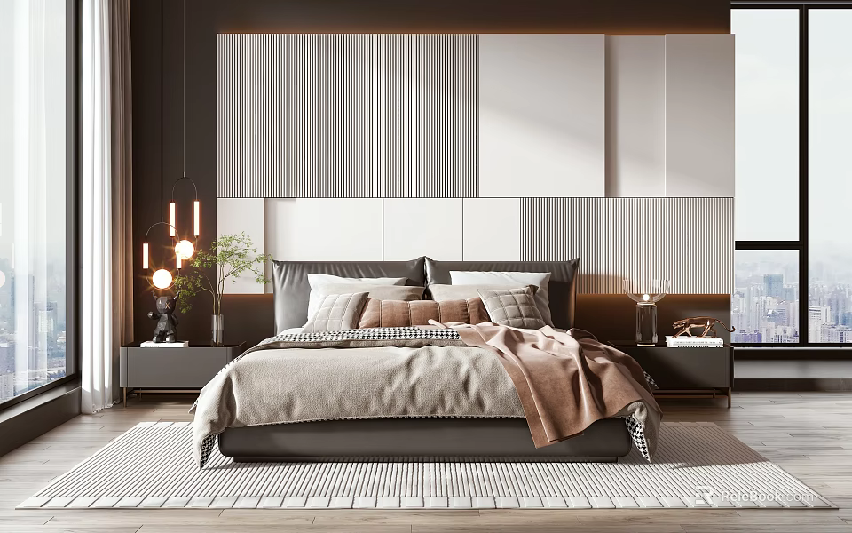 Modern Background Double Bed Interior Design with Textured Wall Headboard Pillows And Nightstand 3d model 
