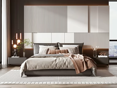 Modern Background Double Bed Interior Design with Textured Wall Headboard Pillows And Nightstand 3d model