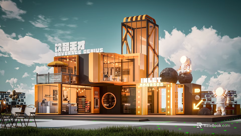 Modern Container Building With Multi Level Glass Structure And Innovative Lighting Design 3d model 
