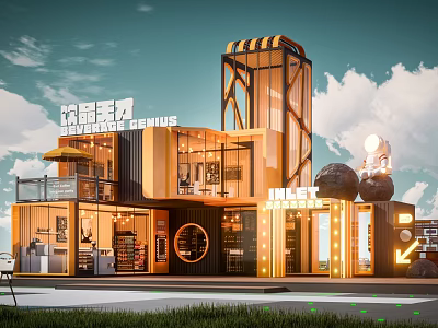 Modern Container Building With Multi Level Glass Structure And Innovative Lighting Design 3d model