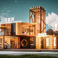 Modern Container Building With Multi Level Glass Structure And Innovative Lighting Design 3d model