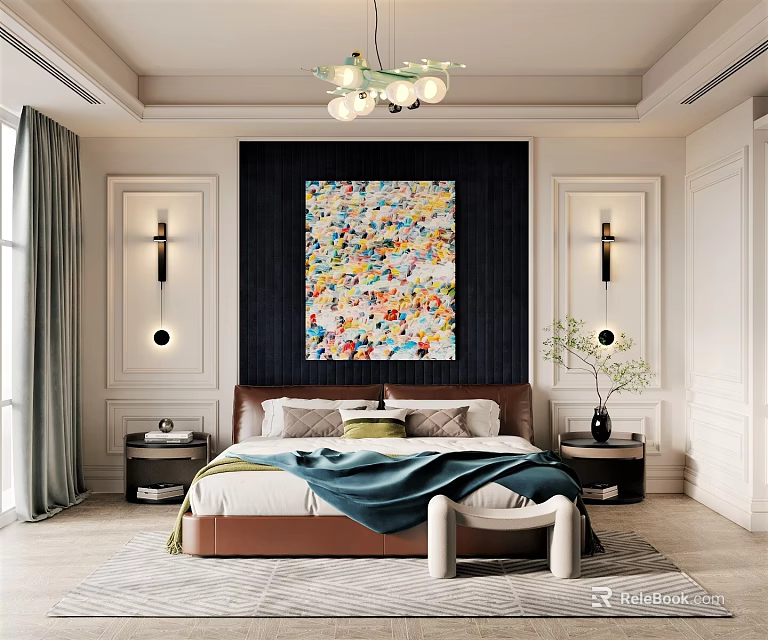 Elegant Modern Bedroom Interior With Leather Bed Colorful Abstract Painting Wall Sconces And Chandelier 3d model 