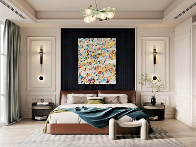 Elegant Modern Bedroom Interior With Leather Bed Colorful Abstract Painting Wall Sconces And Chandelier 3d model